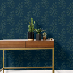 Papier Peint Motif Floral Vert Simple Sur Bleu Foncé