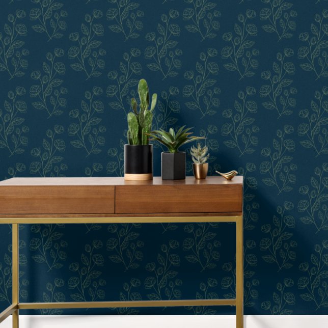 Papier Peint Motif Floral Vert Simple Sur Bleu Foncé (Créateur téléchargé)
