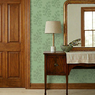Papier Peint Motif Floral Vert Simple Vintage sur Fond Vert