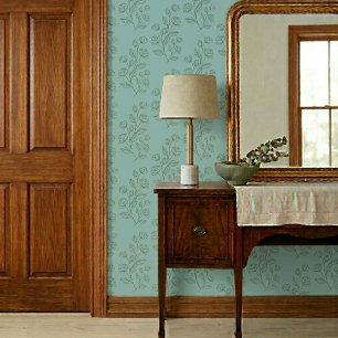 Papier Peint Motif Floral Vert Vintage Simple sur Fond Bleu
