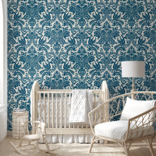 Papier Peint Motif floral vintage bleu et blanc à l'aquarelle