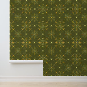 Papier Peint Motif géométrique vert olive et or Floral