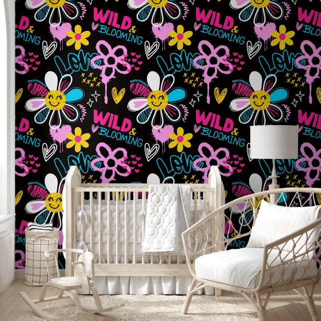 Papier Peint Motif graffiti fleur smiley mode (Enfants)