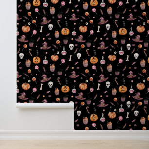 Papier Peint Motif Halloween Jack-o'-lantern Witchy en noir