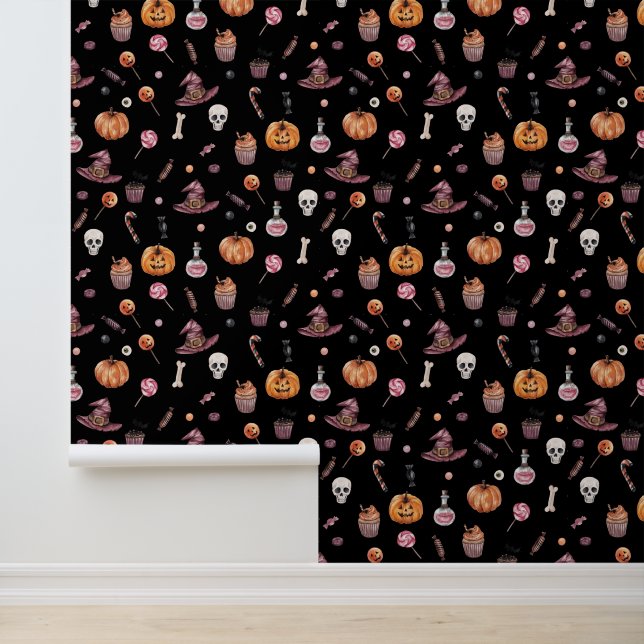 Papier Peint Motif Halloween Jack-o'-lantern Witchy en noir (Application)