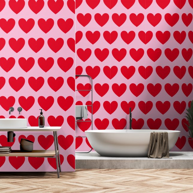Papier Peint Motif Hearts personnalisable, Rouge sur Pastel Ros (Salle de bain)