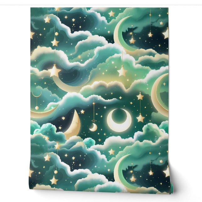 Papier peint - motif lune céleste vert menthe (Déroulement)