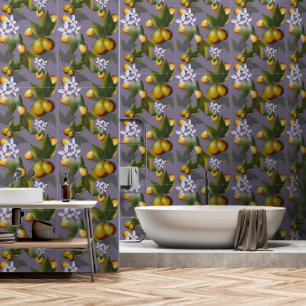 Papier Peint Motif Mango d'or avec fleurs blanches sur Taupe