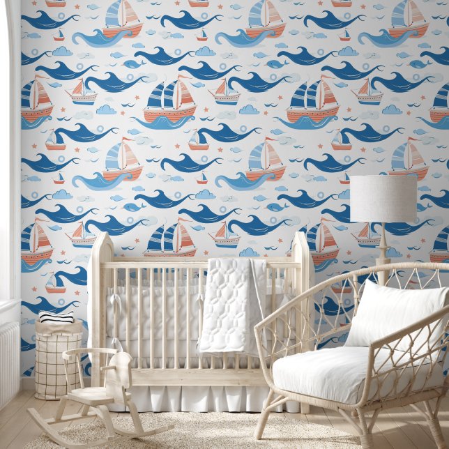 Papier Peint Motif mignon des bateaux dans les vagues, les nuag (Enfants)