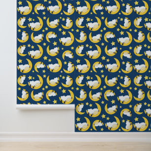 Papier Peint Motif mouton, Mouton couché, Lune, Étoiles