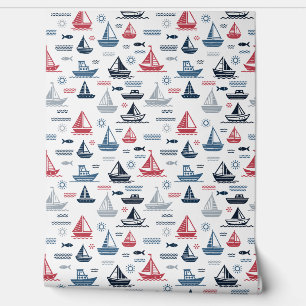 Papier Peint Motif nautique avec voiliers et poissons
