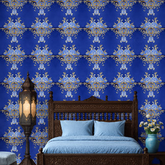 Papier Peint Motif ornemental arabesque bleu royal et or