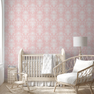 Papier Peint Motif ornemental damassé vintage blanc et rose