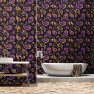 Papier Peint Motif Paisley Vintage Rétro Jaune Indigo Rose
