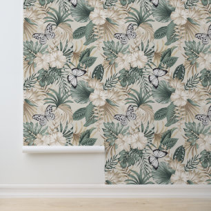 Papier Peint Motif Papillon Feuilles de Palmier Hibiscus Tropic