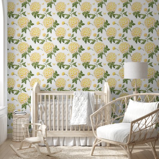 Papier Peint Motif Papillons Fleuris Hydrangea Jaune Élégant (Enfants)
