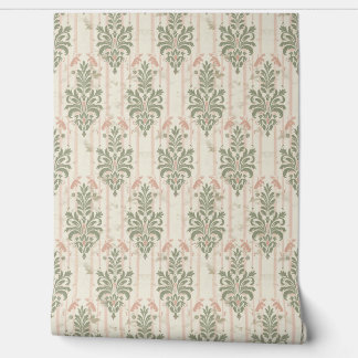 Papier Peint Motif rayé damassé rétro français – Vert sauge vin