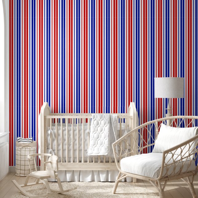 Papier Peint Motif rayures blanches rouges bleues   (Enfants)