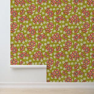 Papier Peint Motif Retro Rose & Fleurs Vertes