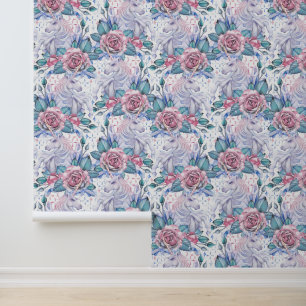 Papier Peint Motif Rose rose et bleu