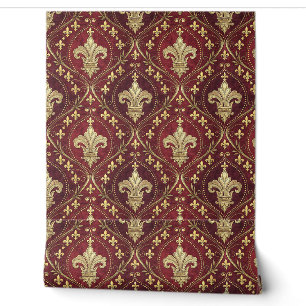 Papier Peint Motif royal en velours rouge à fleur de lis dorée