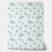 Papier Peint Motif Serene Blue Green Petits bateaux à voile (Déroulement)