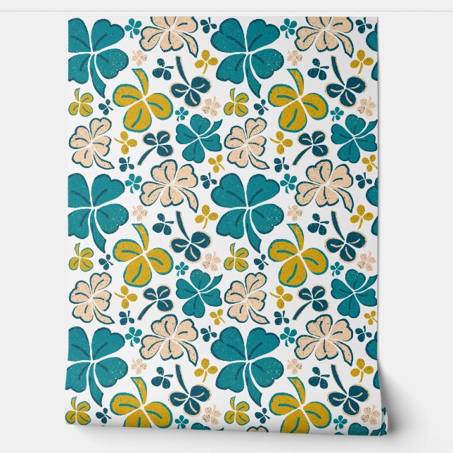 Papier Peint Motif Shamrock de  de Tissu Beige Vert (Déroulement)