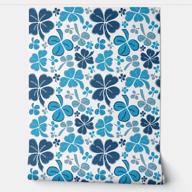 Papier Peint Motif Shamrock de trèfle bleu blanc (Déroulement)