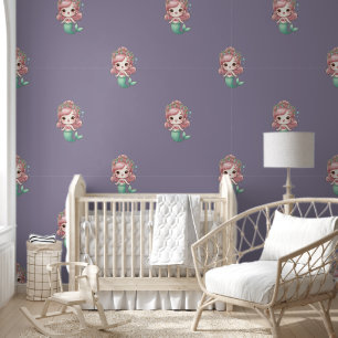 Papier Peint Motif Sirène Vert Corail Rose Bleu Violet