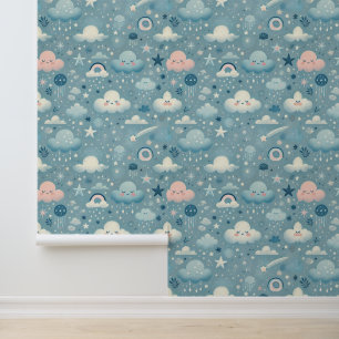 Papier Peint Motif Sky Whimsical avec nuages, étoiles - Bleu