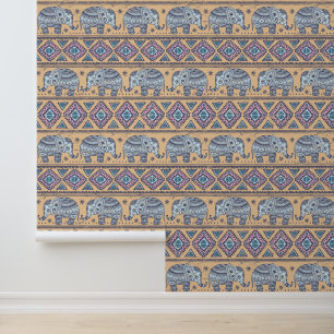 Papier Peint Motif tribal Blue Ethnic Elephant