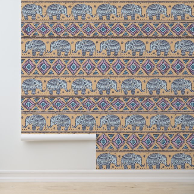 Papier Peint Motif tribal Blue Ethnic Elephant (Application)