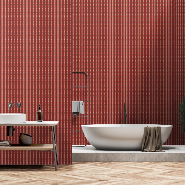 Papier Peint Motif Vertical Rouge & Grilles Colorées (Salle de bain)