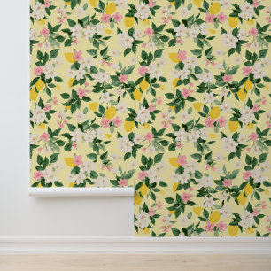 Papier Peint Motif vintage citron et fleurs sur jaune