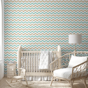 Papier Peint Motifs en zigzag de couleur bleu clair, vert et or