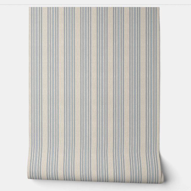 Papier Peint Muted Distressed Blue Farmhouse Ticking Stripe (Déroulement)