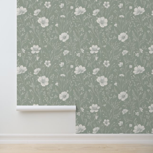 Papier Peint Muted Sage Green And White Wildflower Pattern (Application)