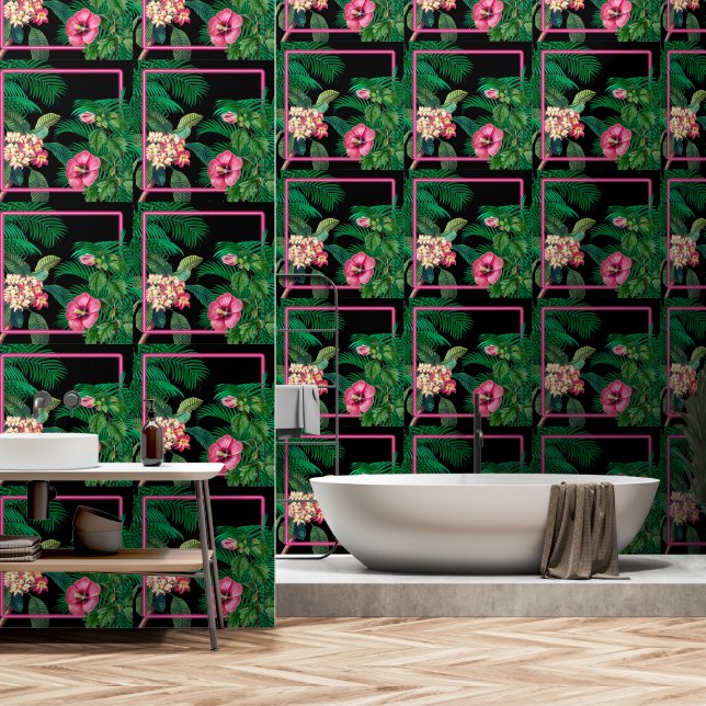 Papier Peint Neon Pink Tropical Botanical (Salle de bain)