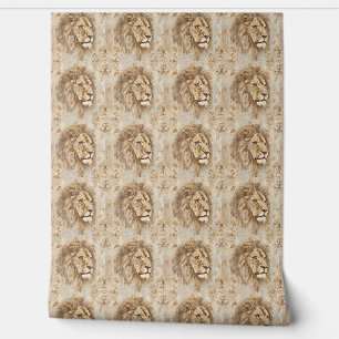 Papier Peint Noble Lion Mini - Beige, Or, Blanc