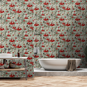 Papier Peint Noël Green Red Bells Bows Berry