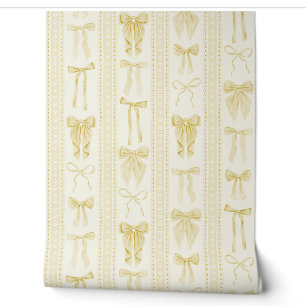 Papier Peint Nœuds Jaune Beurre et Rayures Verticales en Dentel