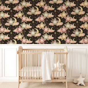 Papier Peint Noir avec étoiles et lunes célestes rose et or