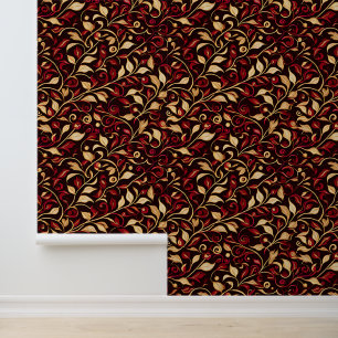Papier Peint Noir, Bourgogne et Gold Foliage et Vines Classé