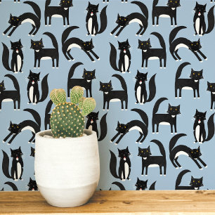 Papier Peint Noir et blanc Tuxedo Chat Bleu Art