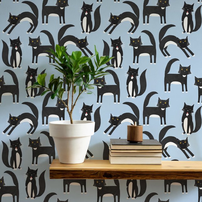 Papier Peint Noir et blanc Tuxedo Chat Bleu Art (Black and white Tuxedo cat blue wallpaper)
