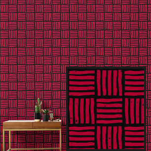 Papier Peint Noir sur grille rouge carrés panier tressé