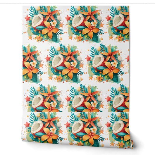 Papier Peint noix de coco aux fleurs et coquilles (Déroulement)