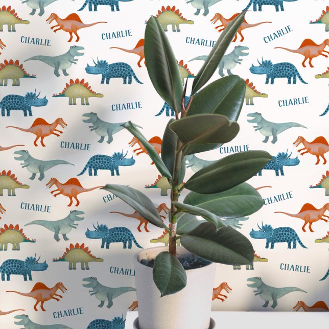 Papier Peint Nom de dinosaure personnalisé (Fun unique personalized dinosaur wallpaper with child's name for kid's room and nursery)