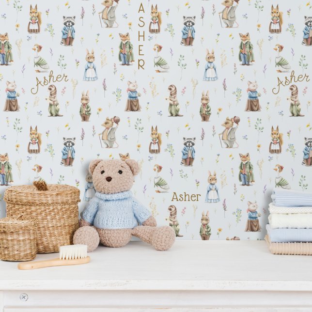 Papier Peint Nom personnalisé mignon Bois Animaux Bleus Garçon (Cute Baby blue boy custom name woodland animals forest friends theme nursery kids bedroom wallpaper)