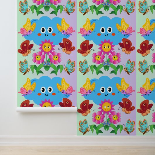 Papier Peint Nuage Whimsical avec papillons et fleurs heureux (Application)